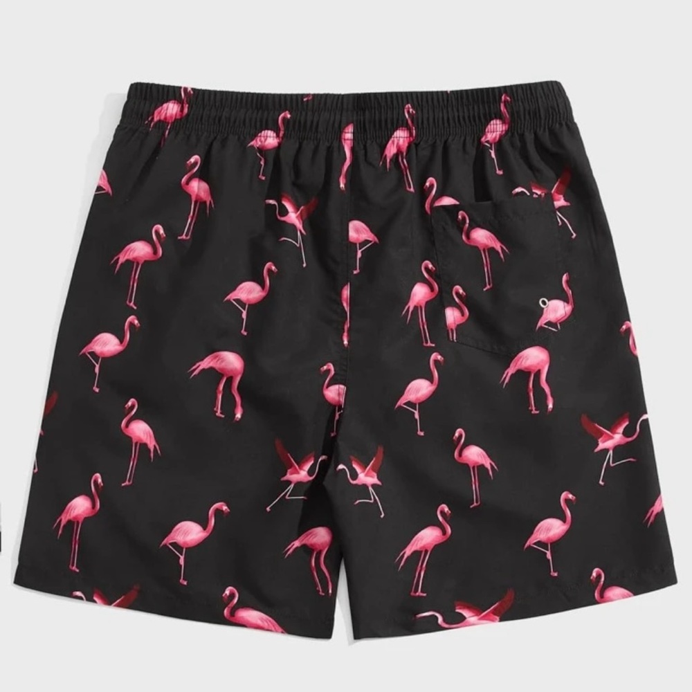 SHEIN Black Swim Trunks with Pink Flamingo Print